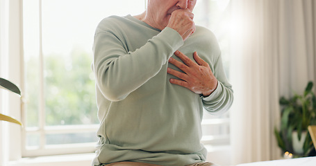 Image showing Coughing, sick and a person feeling chest for pain, heart attack or health problem at home. Healthcare, covid and a man with a cold, flu or virus of the lungs, infection or symptom of a disease