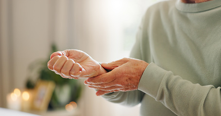 Image showing Hands, check pulse and heart rate, health and senior person with cardiovascular healthcare. Help, support and medical aid, closeup and monitor heartbeat with cardiology and elderly care for wellness