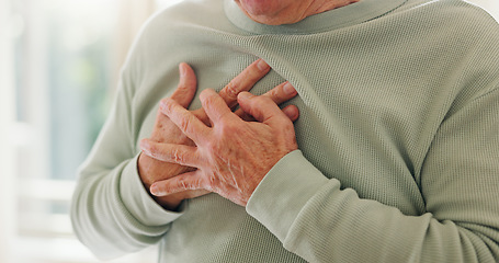 Image showing Heart, cardiology and person hands on chest with pain, sick and cardiovascular healthcare closeup. Indigestion, heartburn and health with wellness, elderly care with anxiety attack and hypertension