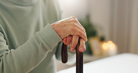 Image showing Hands, elderly and walking stick, person with a disability and mockup space with closeup. Senior care, cane to help with balance and support with Parkinson disease or arthritis, sick and health issue