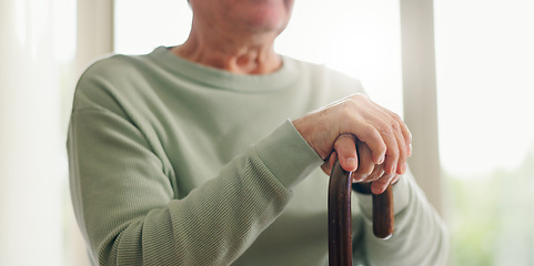 Image showing Hands, senior and walking stick, person with a disability and closeup with wellness. Elderly care, cane to help with balance and support with Parkinson disease or arthritis, sick and health issue