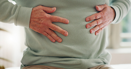 Image showing Hands on stomach, closeup and gut health, digestion and nutrition with elderly care and person has pain. Sick, colon and gas with healthcare and wellness, help and support for stress and illness