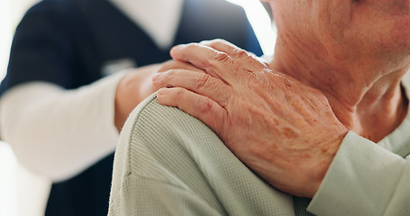 Image showing Closeup, holding hands and nurse with old man, empathy and support with retirement, healthcare and home. Elderly person, caregiver and senior pensioner with hope, comfort and sympathy with trust
