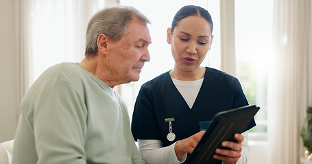Image showing Elderly man, tablet and nurse consultation, healthcare and reading health exam results, test data or assessment. Listening patient, nursing home support and caregiver show client senior care report