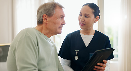 Image showing Senior man, tablet and nurse consultation, healthcare and talking about health exam results, test feedback or assessment. Medical patient, nursing home and caregiver show report, diagnosis or info