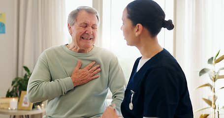 Image showing Senior man, nurse and consulting on chest pain, heart problem or cardiovascular lung crisis. Healthcare consultation, medical service and caregiver helping elderly patient sick with hypertension
