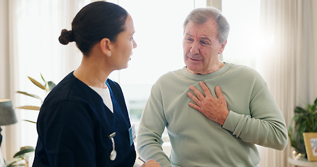 Image showing Senior man, nurse and talk on chest pain, heart problem or cardiovascular lung fail, tuberculosis risk or cancer crisis. Hypertension consultation, medical caregiver and helping sick elderly patient