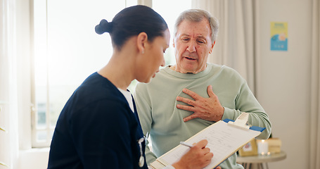 Image showing Nurse, clipboard and senior man with heart pain, chest problem or cardiovascular lung fail, tuberculosis risk or cancer. Hypertension, asma and caregiver writing notes, health survey or ask questions