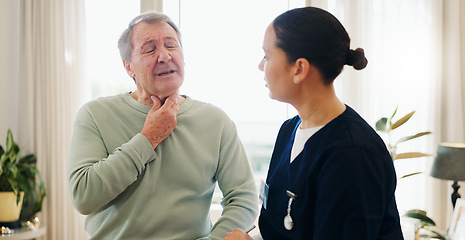 Image showing Throat, nurse and senior man with a disease, sick and cold with virus, illness or inflammation. Pensioner, old person or mature guy with caregiver, professional or healthcare with medicare or thyroid