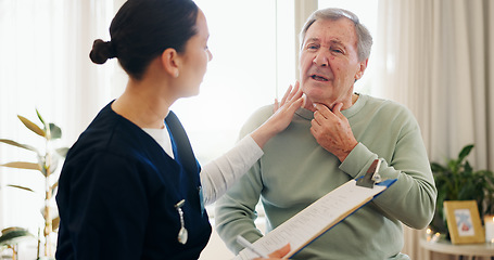 Image showing Nurse, clipboard or senior man with neck pain, throat cancer or check laryngitis problem, anatomy assessment or symptoms. Consultation, patient or caregiver test, exam or expert with healthcare notes