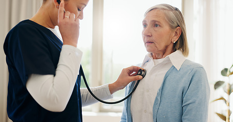 Image showing Elderly woman, nurse or stethoscope for healthcare, examination or chest problem at hospital or clinic. Medical, senior person and caregiver or professional for lung health, heart check or cardiology