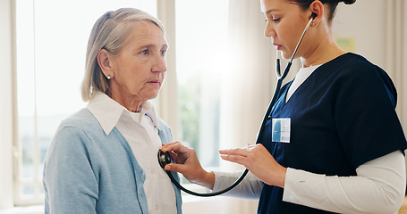 Image showing Senior woman, nurse or stethoscope for healthcare, examination or chest problem at hospital or clinic. Medical, elderly person and caregiver or professional for lung health, heart check or cardiology