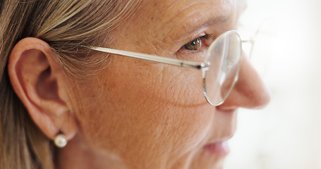 Image showing Glasses, closeup and senior woman with idea, thinking and problem solving with memory, nostalgia and clear vision. Elderly person, pensioner or old lady with eyewear, home and alzheimer with eye care