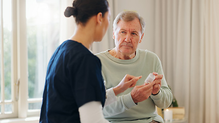 Image showing Pills bottle, senior man and nurse explain product description, medicine dosage or prescription drugs. Medical patient, nursing home and caregiver giving pharmaceutical supplements for health support