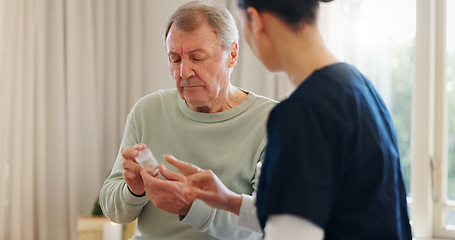 Image showing Pills bottle, old man or nurse explain product information, healthcare medicine or prescription drugs. Caregiver, retirement home or elderly patient reading pharmaceutical vitamins for health support