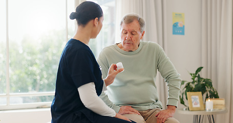 Image showing Pills bottle, old man and caregiver explain product info, wellness medicine or healthcare prescription drugs. Sick patient, nursing home and nurse giving pharmaceutical vitamins for health recovery