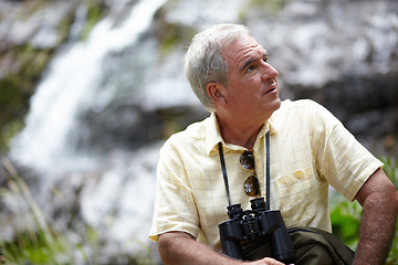 Image showing Senior, man and binocular in forest with looking, sightseeing or vacation with waterfall and scenery. Elderly, man and person in woods or nature for holiday, adventure or experience for leisure