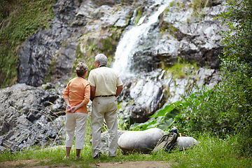 Image showing Back, love and senior couple with vacation, waterfall and nature with holiday, romance and relationship. Romantic, outdoor or elderly man with old woman, fresh air or view with break, forest or relax