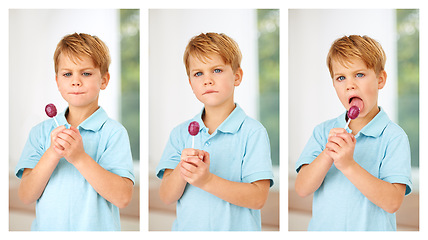 Image showing Child, boy and portrait candy lollipop composite for sucker reward snack, lunch dessert or youth joy. Kid, face and fun eating or hungry collage tongue for junk food, bad diet or party sugar sweets