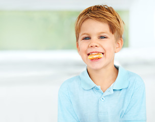 Image showing Child, portrait or orange fruit smile or health wellness snack, vitamin c or raw food youth development. Boy, face or mouth fresh diet or organic citrus nutrition, fibre breakfast or morning minerals