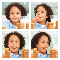 Image showing Boy, milk glass and cookies eat composite for dessert snack, lunch candy or kid joy. Male, child and face or dairy biscuit sweets collage for happy youth or cold calcium drink, fresh or yummy smile