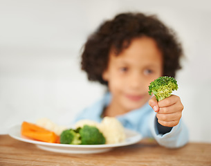 Image showing Boy, broccoli and vegetables plate unhappy for healthy nutrition meal, diner fail or frustrated eating. Male, kid and disappointed upset lunch or fibre diet dislike child, cauliflower snack or carrot