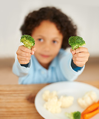 Image showing Boy, broccoli and vegetables plate for healthy nutrition meal, diner wellness or food eating. Male person, kid or childhood development snack carrot or cauliflower vegetarian diet, fibre or minerals