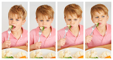 Image showing Food, wellness and child eating vegetables for a healthy, growth and health diet at his home. Nutrition, dinner and boy kid by a dining table with produce lunch, snack or meal at his modern house.