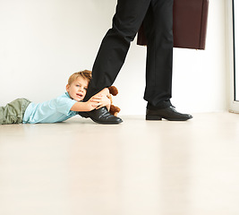 Image showing Man, home or child to stop to work, autism or fear with anxiety, support or care. Businessman, kid or mental health on floor with father late, professional career or headache in depression or stress