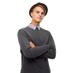 Image showing Portrait, man and hipster with arms crossed, confident guy and employee isolated on a white studio background. Face, person and model with formal clothes, hat and stylish outfit with comfort or proud