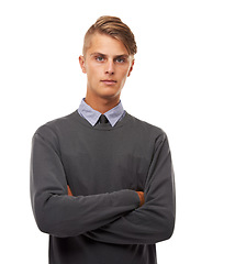 Image showing Portrait, business and man with arms crossed, employee and confident guy isolated on a white studio background. Face, person and consultant with startup, entrepreneur and style with agent and worker