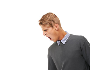 Image showing Screaming, business and man with anger, stress and reaction isolated on a white studio background. Person, model and employee with emotions, burnout and frustrated with anxiety, crisis and furious