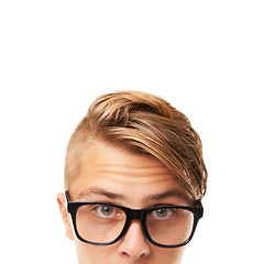 Image showing Glasses, half face and portrait of man in a studio for vision, health and optical wellness. Optometry, nerd and confident young male person with spectacles or eyewear isolated by white background.