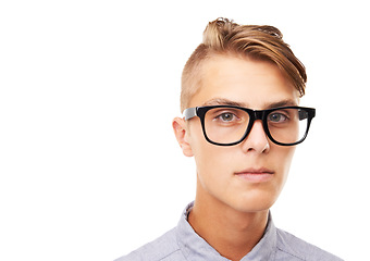 Image showing Glasses, optometry and portrait of man in a studio with confused, doubt or squinting facial expression. Vision, health and young male person with spectacles or eyewear isolated by white background.