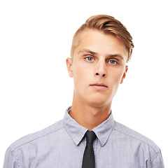 Image showing Corporate, intern and portrait of man at work for law firm on white background in studio. Lawyer, internship and face of confident attorney in a tie or professional businessman mockup and space