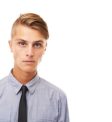 Image showing Corporate, internship and portrait of man at work for law firm on white background in studio. Lawyer, intern and face of confident attorney in a tie or professional businessman in mockup and space