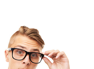 Image showing Spectacles, half face and portrait of man in a studio with confused, doubt or squinting facial expression. Optometry, health and young male person with glasses or eyewear isolated by white background