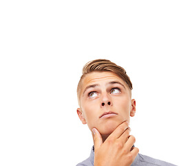 Image showing Question, doubt and thinking with man, looking up and problem solving isolated on a white studio background. Person, guy and model with planning, brainstorming or opportunity with decision and choice