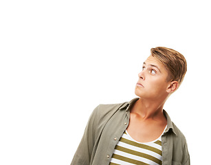 Image showing Mockup, surprise and shocked man in studio with announcement, news or promo on white background. Space, wow and male model with unexpected information, giveaway or review, deal or competition results