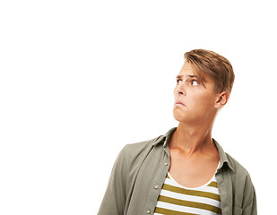 Image showing Surprise, mockup and shocked man in studio with announcement, news or promo on white background. Space, wow and male model with unexpected information, giveaway or review, deal or competition results