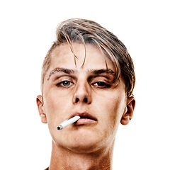 Image showing Portrait, studio or man smoking a cigarette for stress, toxic addiction or unhealthy habit to relax. Dangerous, smoker or serious male person in Germany to inhale tobacco on white background alone