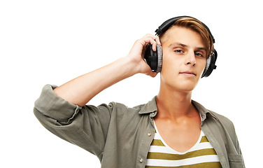 Image showing Man, DJ and portrait with headphones for music, audio streaming, event or party against a studio background. Young male person or sound artist with headset for podcast, beats or radio track on mockup
