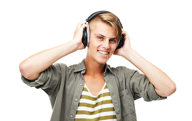 Image showing Happy man, portrait and DJ with headphones or audio waves listening to music against a studio background. Male person or sound artist with headset in rhythm for podcast, beat or radio track on mockup