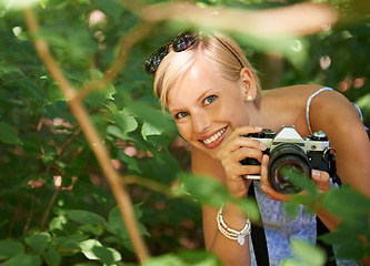 Image showing Nature, portrait and photographer with woman in forest for relax, memory and travel photography. Summer, trees and adventure with person and camera for vacation, holiday and environmental tourism
