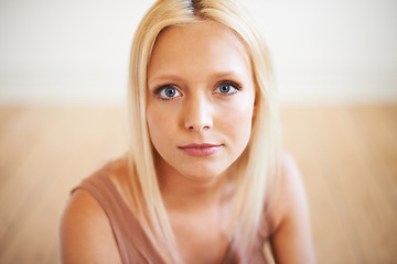 Image showing Portrait, natural beauty and blonde woman in home in living room to relax. Face, attractive person and girl in house, lounge and apartment with healthy skin, wellness and aesthetic in Switzerland