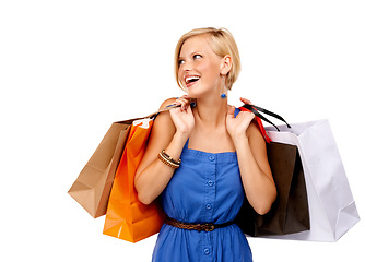 Image showing Woman, shopping bag and wow or thinking of discount, sale and retail giveaway or fashion news on a white background. Happy customer or excited shopper with inspiration, ideas and success in studio