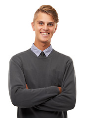 Image showing Portrait, business and man with arms crossed, consultant and confident guy isolated on a white studio background. Face, person and employee with startup, entrepreneur and smile with agent and worker