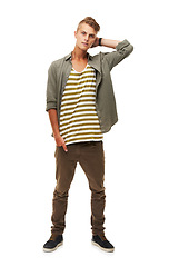 Image showing Man, portrait and body standing in fashion isolated against a white studio background. Young, handsome or attractive male person or model posing with hand in pocket for casual or stylish clothing