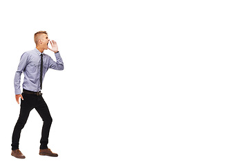 Image showing Man, shouting and banner with business announcement, communication or mockup space. Professional, businessman or scream advice with voice in studio, white background or news bulletin for company