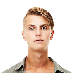 Image showing Young man, portrait and face with hairstyle, serious or blank stare isolated against a white studio background. Attractive, Gen z or handsome male person or model looking with no facial expression